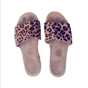 Calf Hair Leather cheetah slides sandals Comfort sole Resort wear Casual Chic